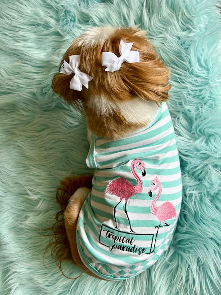 Parisian Pet 'Flamingos'  Dog Shirt – Lightweight & Breathable Summer Outfit for Small Dogs & Cats, Light Blue and White Stripes