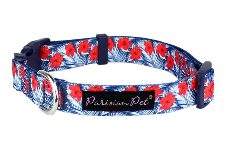 Parisian Pet 'Hibiscus' Collar for Dogs & Cats – Vibrant Blue Dog Collar with Adjustable Fit and Tropical Floral Pattern