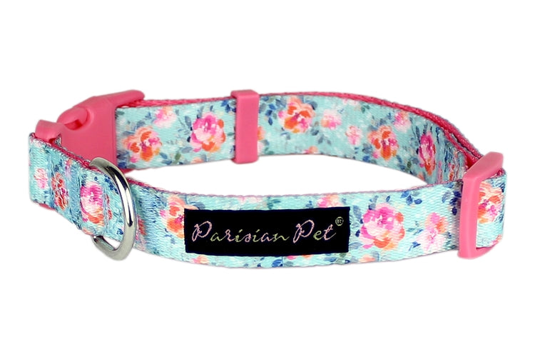 Parisian Pet 'Spring Blossoms' Collar for Dogs & Cats, Comfortable Dog Collar, High-Quality Floral Pet Collar, Light Blue and Pink-Valentine's Day