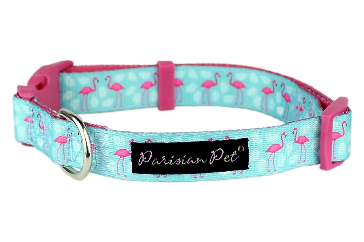 Parisian Pet 'Flamingos' Collar for Dogs & Cats, Comfortable Dog Collar, Luxury Pet Collar, Durable Pet Collar, Light Blue & Pink-Valentine's Day