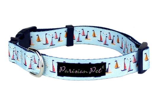 Parisian Pet 'Sail Boats' Collar for Dogs & Cats – Adjustable Nautical Light Blue Sailboat Dog Collar with Adjustable Fit