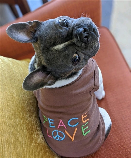 Parisian Pet 'Peace Love' Positive Pet T-Shirt – Stylish Cotton Outfit for Dogs & Cats, Brown-Valentine's Day