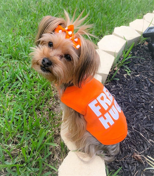 Parisian Pet 'Free Hugs' Embroidered Dog T-Shirt – Trendy Casual Outfit for Small Dogs & Cats, Orange - Valentine's Day