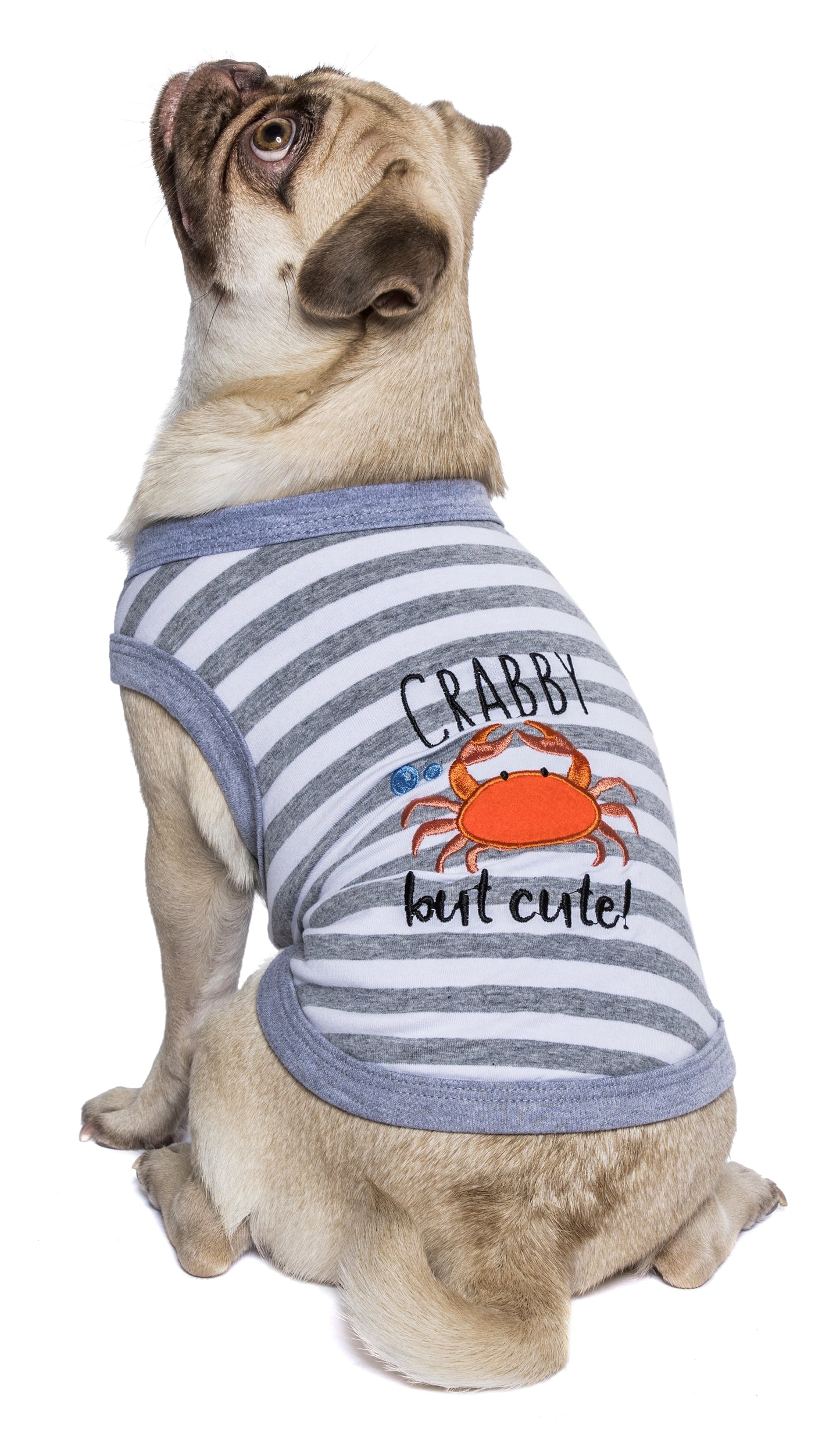 Parisian Pet 'Crabby But Cute Tee' Embroidered Dog Shirt - Trendy Pet Apparel for Dogs & Cats, Gray and White Stripes