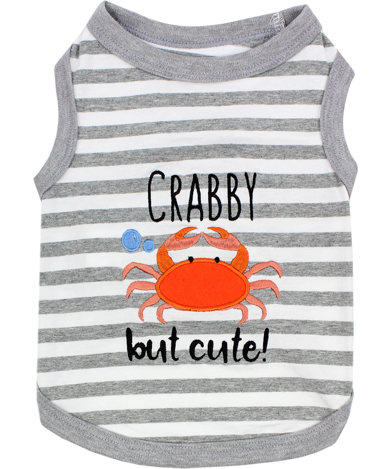 Parisian Pet 'Crabby But Cute Tee' Embroidered Dog Shirt - Trendy Pet Apparel for Dogs & Cats, Gray and White Stripes