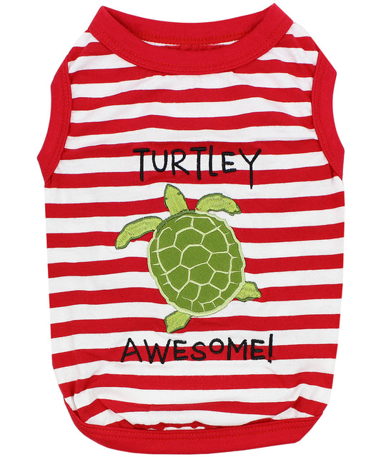 Parisian Pet 'Turtley Awesome' Dog Shirt – Fun Slogan Cotton Pet T-Shirt for Dogs & Cats, Red and White Stripes