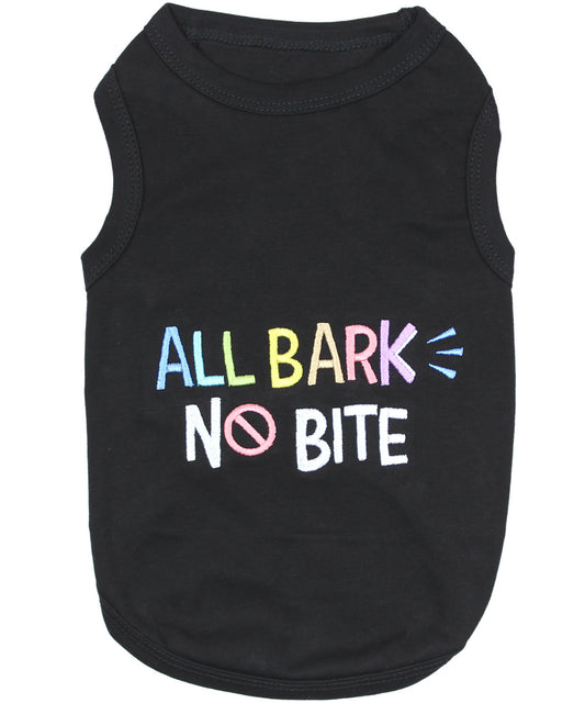 Parisian Pet 'All Bark No Bite' Embroidered Dog T-Shirt – Funny Slogan Pet Apparel for Dogs & Cats, Black