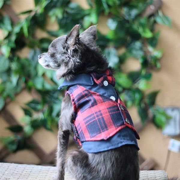 Parisian Pet 'Scottish Pleated Tuxedo Red/Blue Plaid' for Dogs & Cats, Stylish Pet Party Tuxedo, Christmas Pet Tuxedo