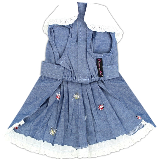 Parisian Pet 'Prairie Dress' for Dogs and Cats, Floral Design, Comfortable Lightweight Outfit, Denim & White