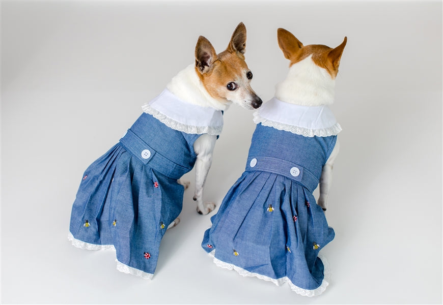 Parisian Pet 'Prairie Dress' for Dogs and Cats, Floral Design, Comfortable Lightweight Outfit, Denim & White