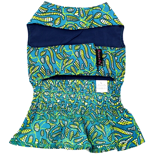 Parisian Pet 'Tribal Dress' for Dogs and Cats, Ruched Waist, Stylish and Comfortable, Tribal Print - Green, Blue, Yellow