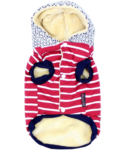 Striped Pom Pom Hoodie, Red