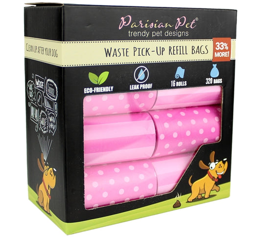 Parisian Pet 'Stripes & Dots' Waste Bags for Dogs & Cats - Leak-Proof, Durable, Eco-Friendly Pink Pet Waste Bags